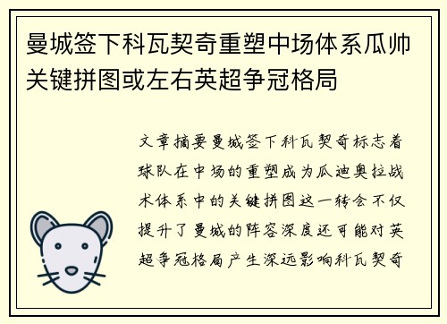 曼城签下科瓦契奇重塑中场体系瓜帅关键拼图或左右英超争冠格局
